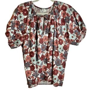 Aritzia Wilfred Dickinson 100% Organic Linen Top Birch Warm Sienna Red Floral M